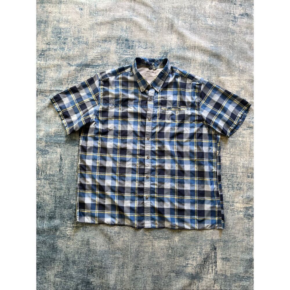 Eddie Bauer Blue Gray Yellow Plaid Short Sleeve Button Front Shirt XXL